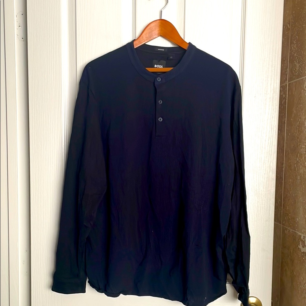 BOSS Navy Long Sleeve Henley Shirt